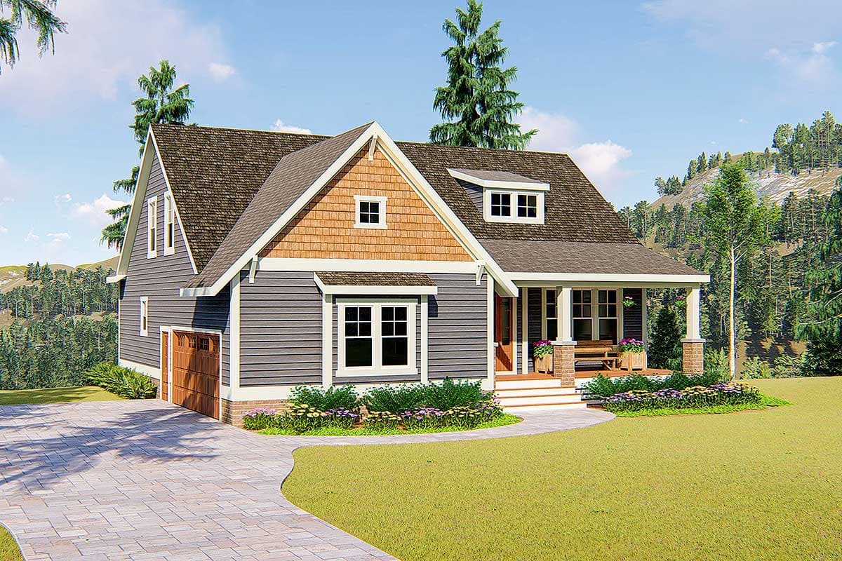 House plan exterior: Modern Farmhouse style, two stories, front-facing garage, covered porch with stone accents, and gable dormers.