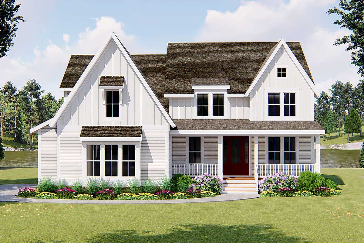 House plan exterior. Two-story Modern Farmhouse with gabled roof, dormers, and a covered porch with white railing.
