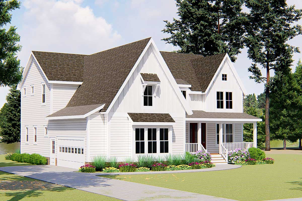 House plan exterior: Two-story Modern Farmhouse with gables, covered front porch, and attached garage.