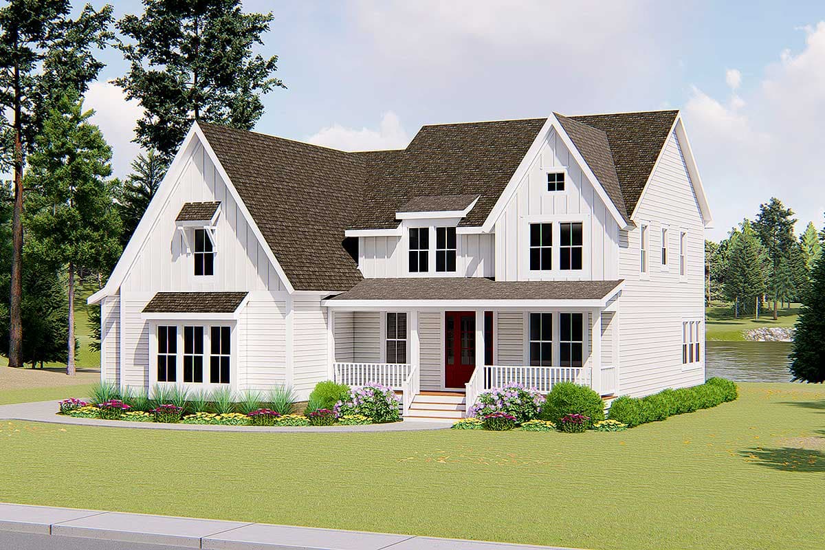 Modern farmhouse house plan exterior with a wrap-around porch, gabled dormers, and board-and-batten siding.