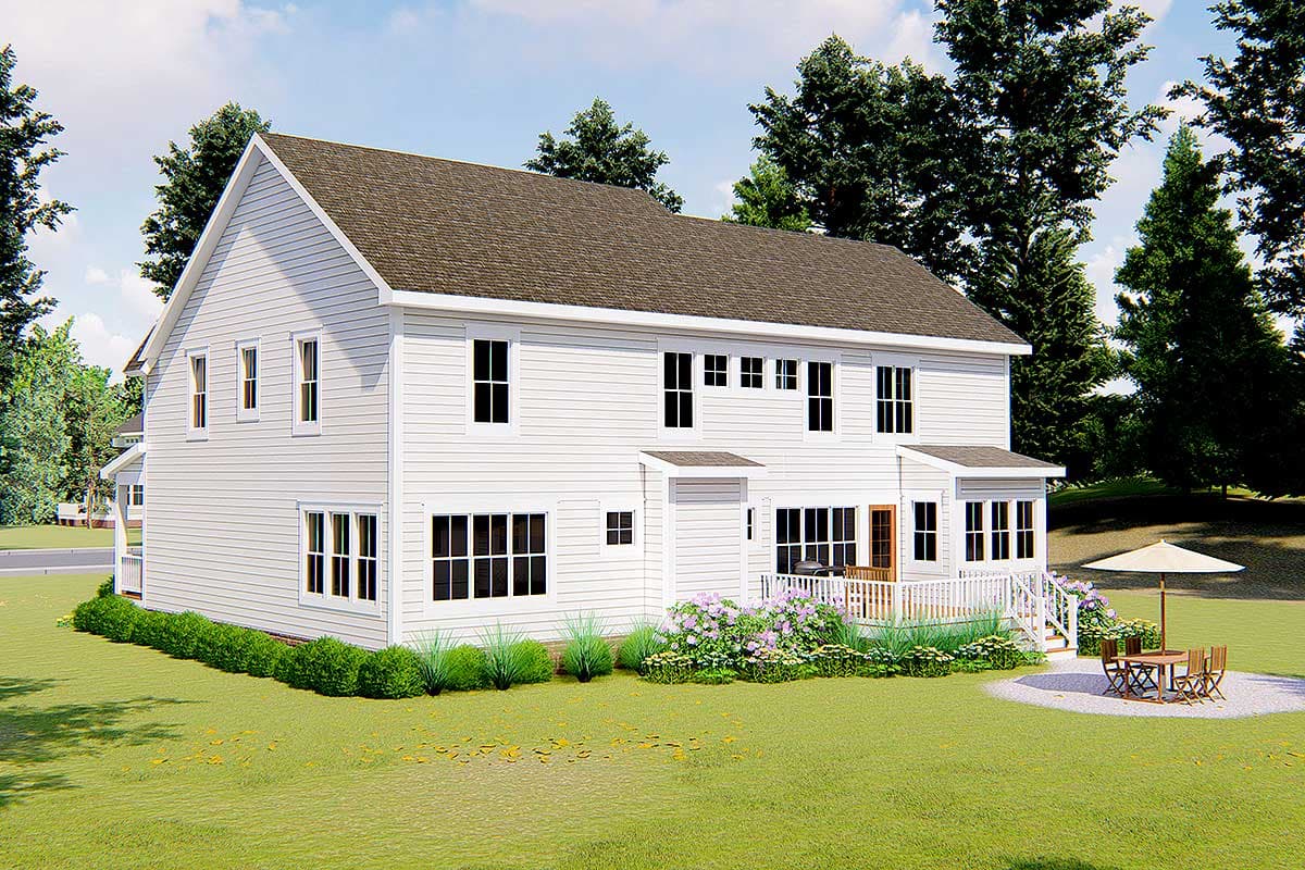 House plan exterior: Two-story home with gabled roof, white siding, prominent front gable, and rear deck with white railing.