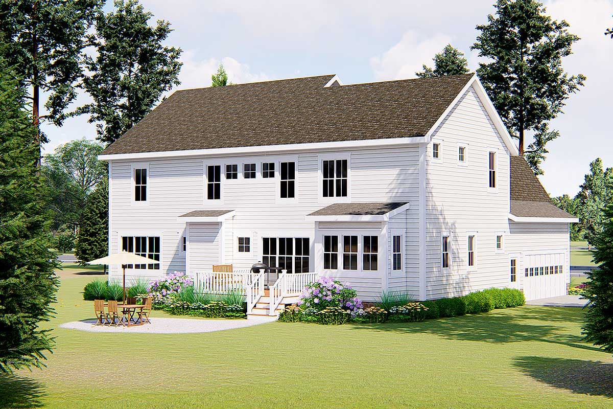 House plan exterior: two-story white home with gabled roof, deck, patio, and attached garage.
