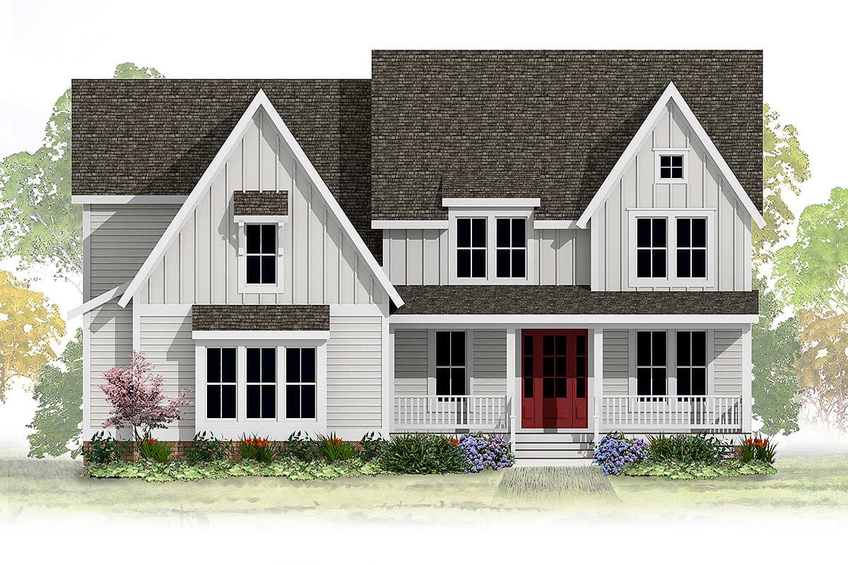 House plan exterior rendering of a two-story Modern Farmhouse with gables, dormers, porch, and board and batten siding.