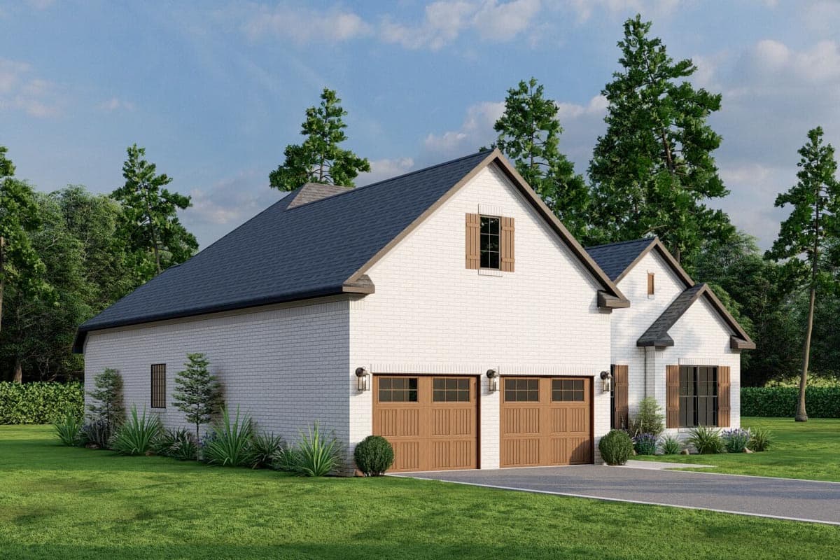 House plan exterior: White brick, two-car garage, gables with wood accents, and dark pitched roof.