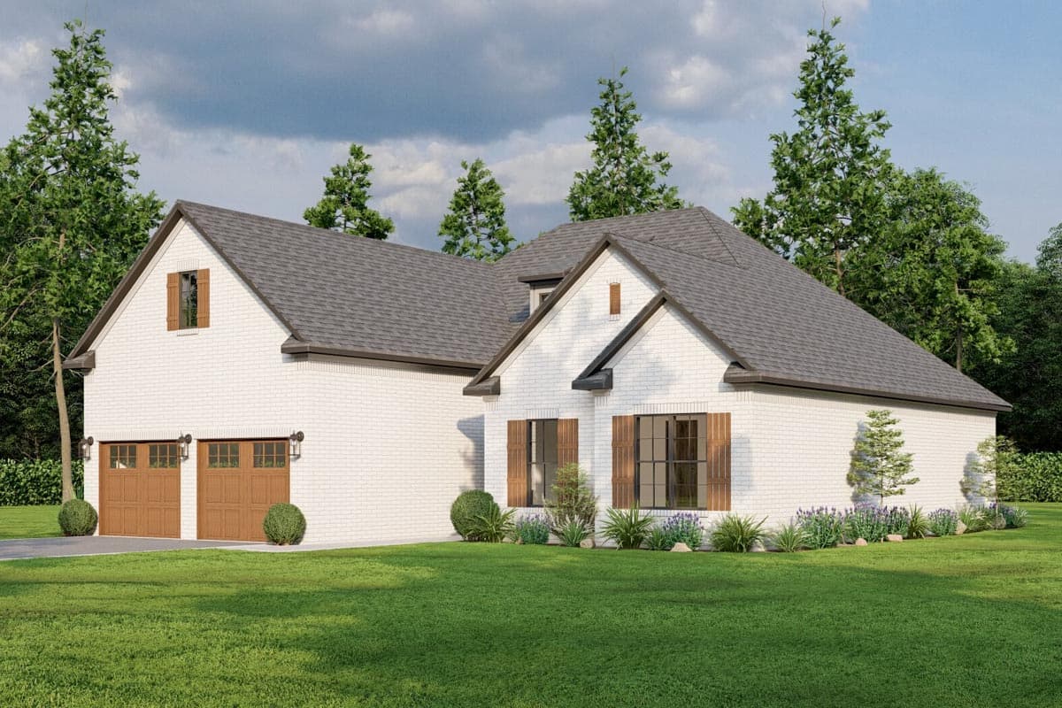 House plan exterior: White brick ranch with a gable roof, two-car side-entry garage, and wooden shutters.