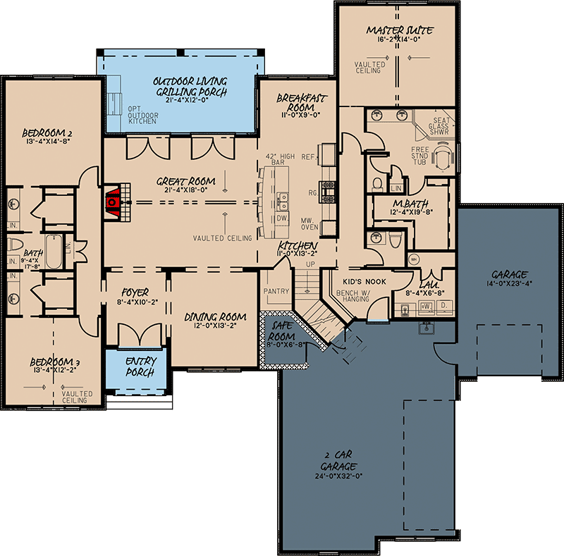 Plan 70590MK: 3-Bed House Plan with Brick and Stone Exterior - 2409 Sq Ft - Floor Plan - Main Level - Bungalow, Craftsman, French Country, Traditional