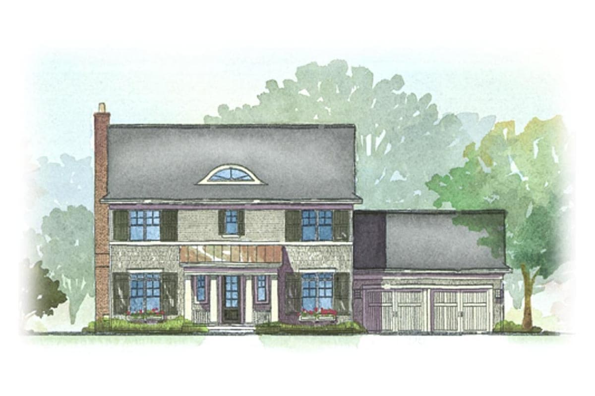 House plan exterior: Two-story house with a prominent brick chimney, dormer window, and attached three-car garage.