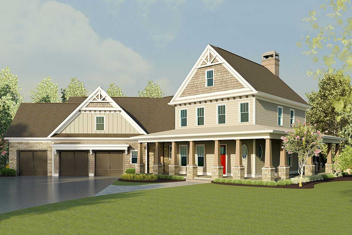 House plan exterior. Two-story Modern Farmhouse with a covered porch supported by stone columns, gables, and a three-car garage.