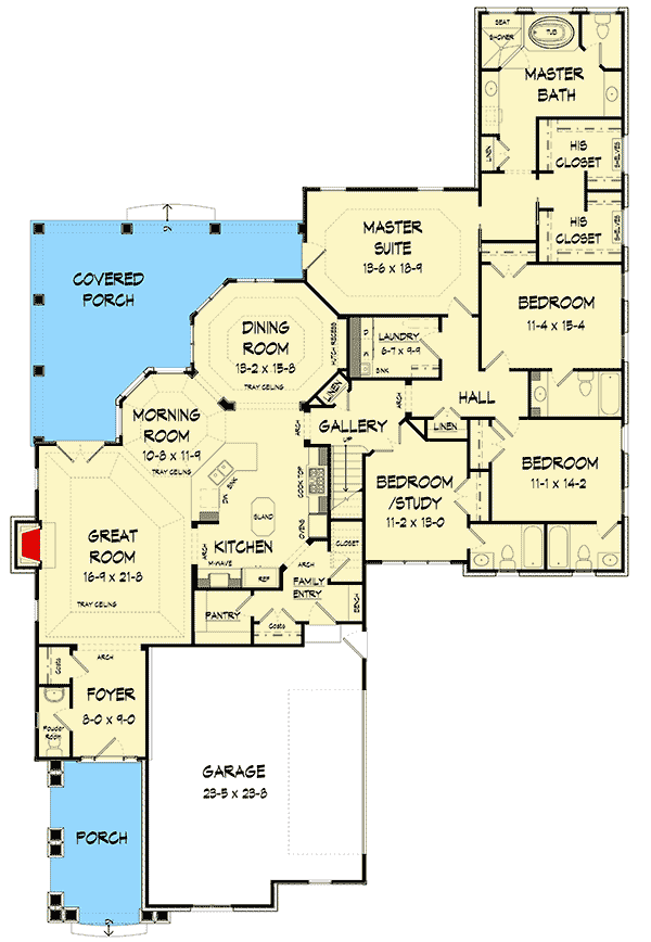 Plan 360018DK: Versatile 3 to 5 Bedroom Craftsman Home Plan with Study and 3-Car Garage - Floor Plan - Main Level - Craftsman, New American, Northwest