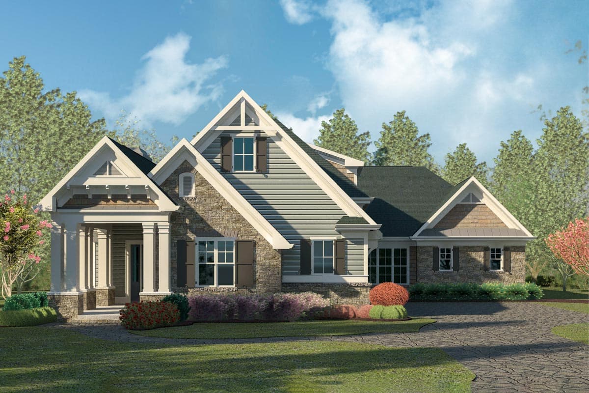 House plan exterior. Two-story Craftsman home with a gabled roofline, stone veneer, and a covered front porch supported by columns.