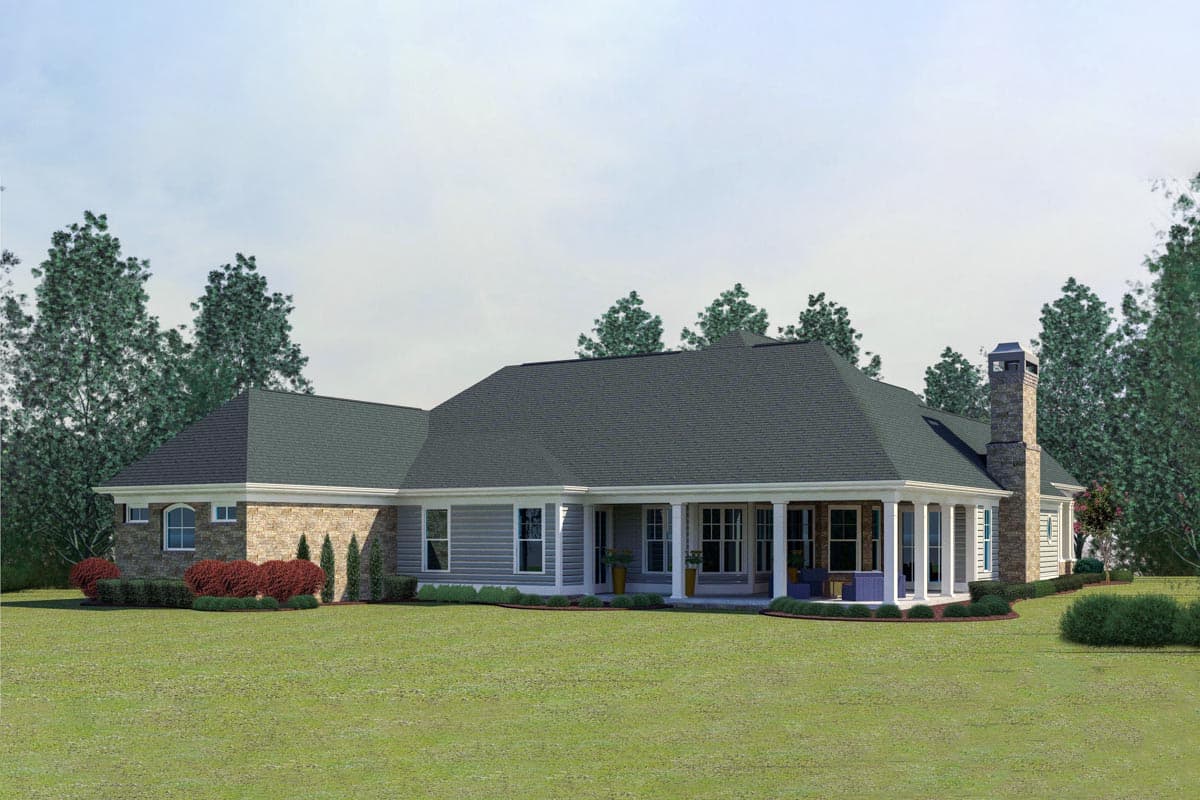 House plan exterior: Ranch style with prominent columns supporting a covered porch, stone and siding facade, and a tall chimney.