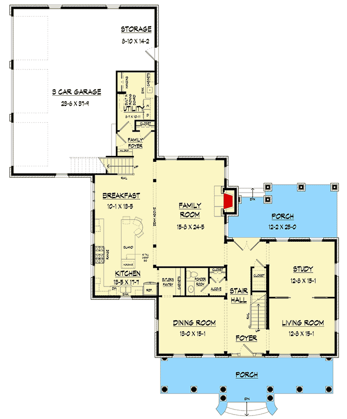 Plan 360019DK: 4-Bedroom Colonial Home Plan with Main-Floor Study and 3-Car Garage - Floor Plan - Main Level - Colonial, Georgian, New American, Traditional