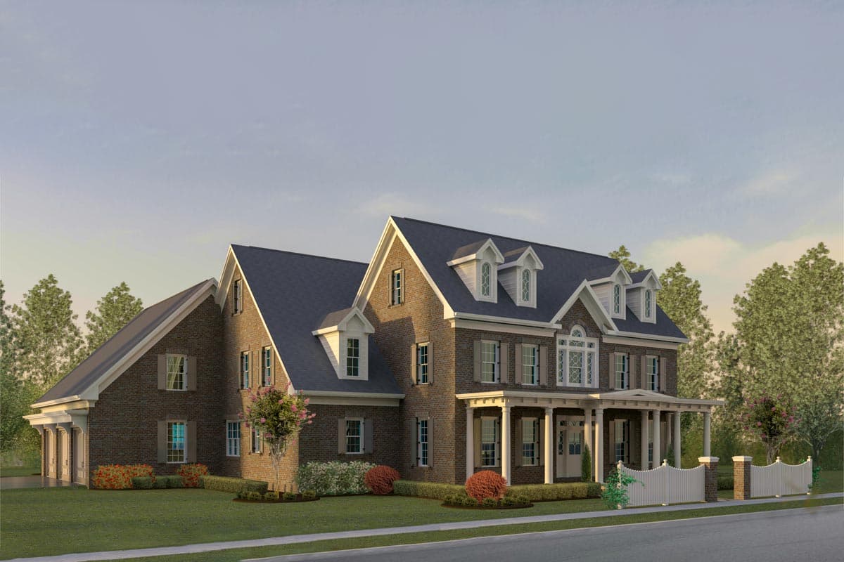 House plan exterior. Two-story Colonial with gabled roof, dormers, and a front porch supported by columns; attached garage visible.