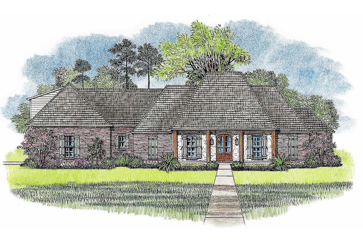 House plan exterior. One-story Ranch style with brick facade, gable roof, and covered front porch with columns. Features include shuttered windows.