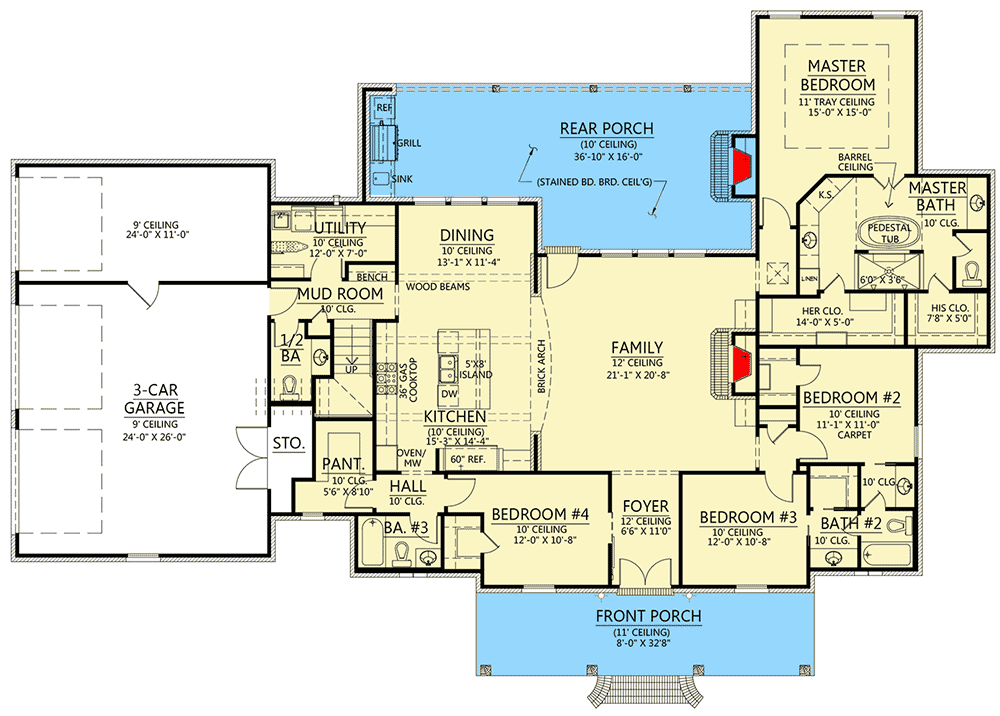 Plan 56430SM: Split Bed Acadian House Plan with Optional Bonus Room  - Floor Plan - Main Level - Acadian, French Country, Louisiana-Style, Southern