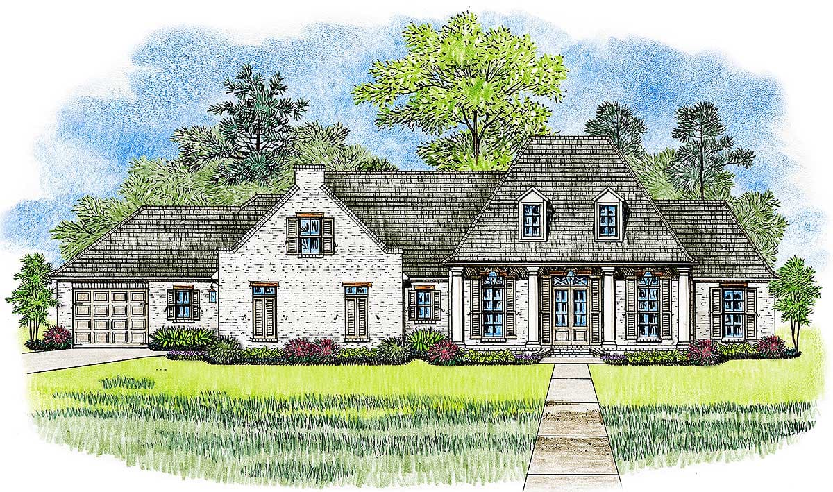 House plan exterior with brick facade, front porch with columns, gabled roof, and attached garage. Includes dormers and shutters.