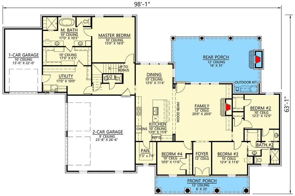 Plan 56431SM: Classic Acadian House Plan with Outdoor Grilling Porch and Optional Bonus Room  - Floor Plan - Main Level - Acadian, French Country, Louisiana-Style, Southern