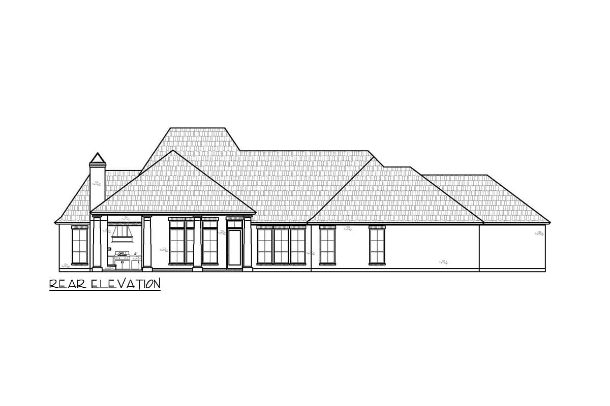 Rear elevation drawing of a single-story house with gabled rooflines, a covered outdoor kitchen, and numerous windows.