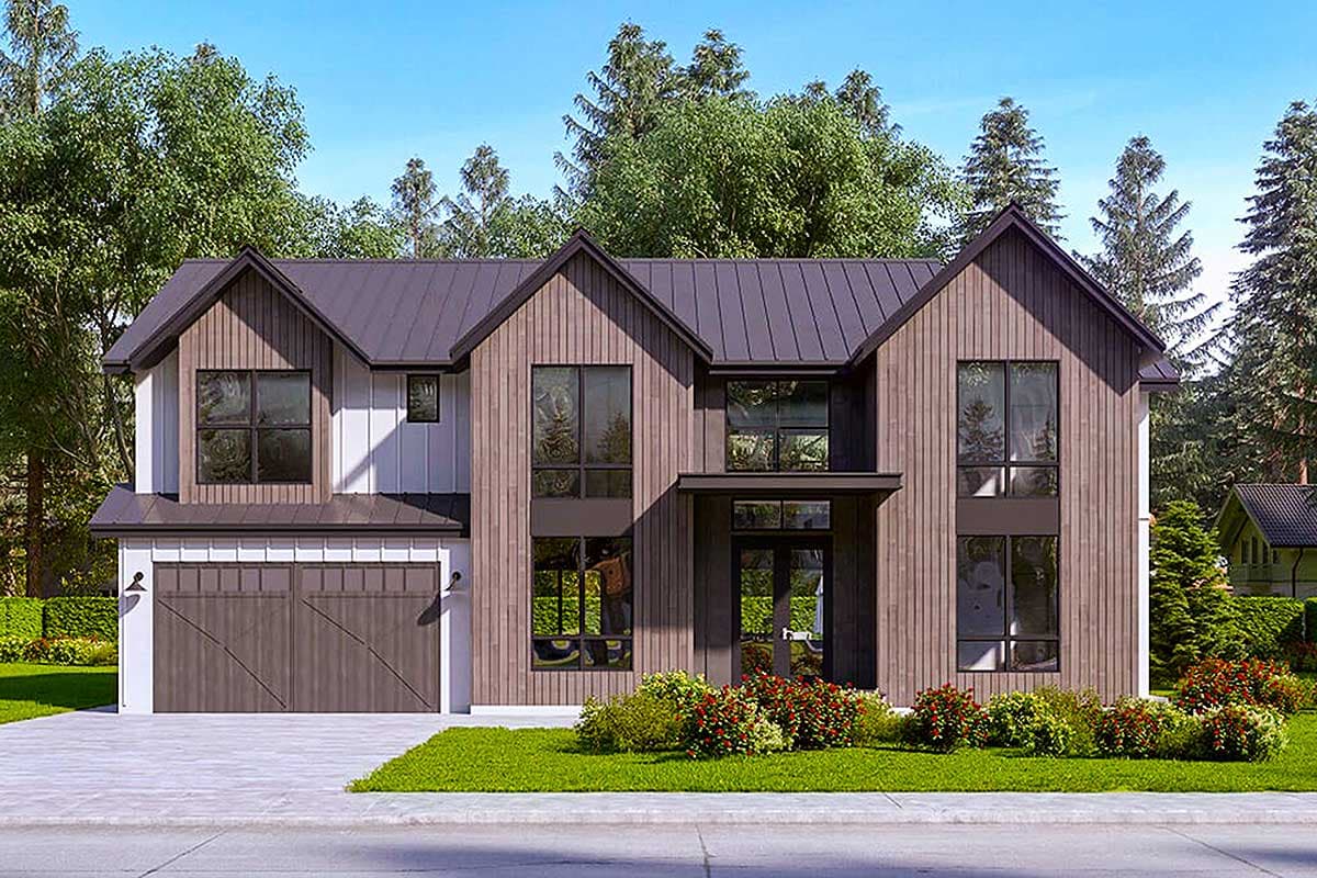 House plan exterior with board and batten siding, metal roof, and two stories. Features include a covered entry and a two-car garage.
