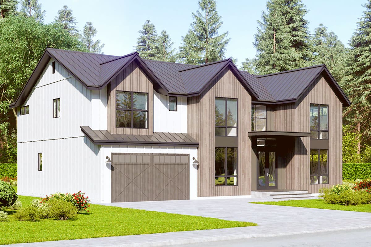 House plan exterior: Modern style, two-story home with metal roof, vertical siding, and large windows. Features an attached garage.