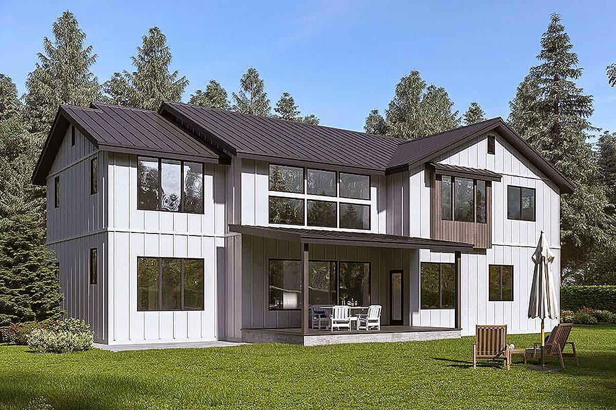 House plan exterior: Two-story Modern Farmhouse with standing seam metal roof, board and batten siding, and covered patio.