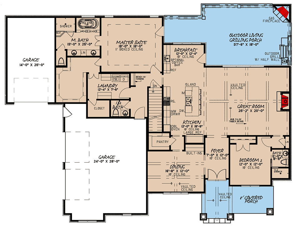 Plan 70591MK: 4-Bed House Plan with Vaulted Ceilings and Finished Lower Level - Floor Plan - Main Level - European, French Country, Southern, Traditional