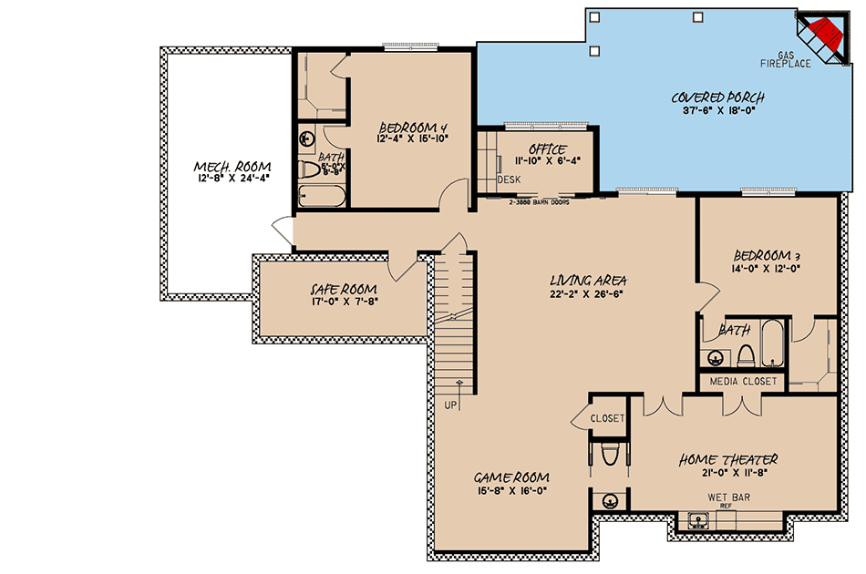 Plan 70591MK: 4-Bed House Plan with Vaulted Ceilings and Finished Lower Level - Floor Plan - Lower Level - European, French Country, Southern, Traditional