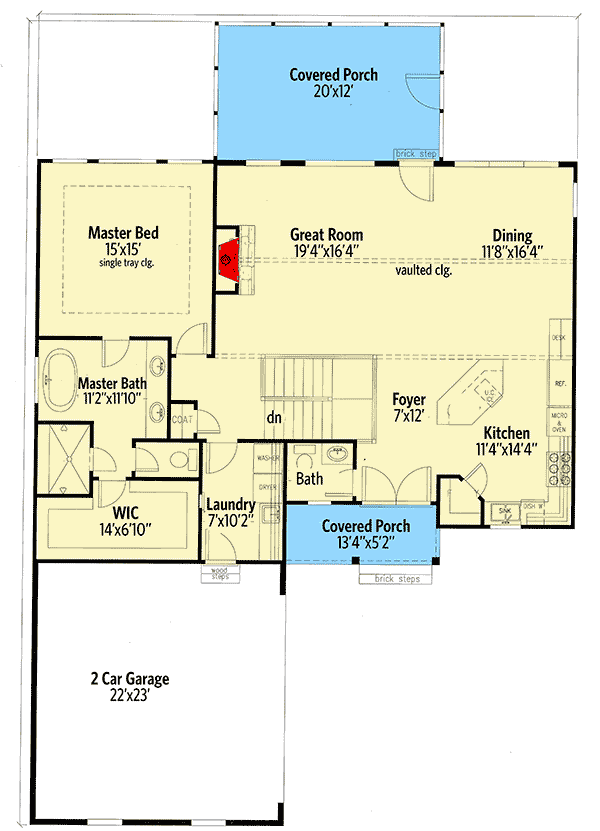 Plan 24383TW: 3-Bed Modern Craftsman Cottage with Vaulted Interior - Floor Plan - Main Level - Country, Craftsman, Farmhouse, Traditional
