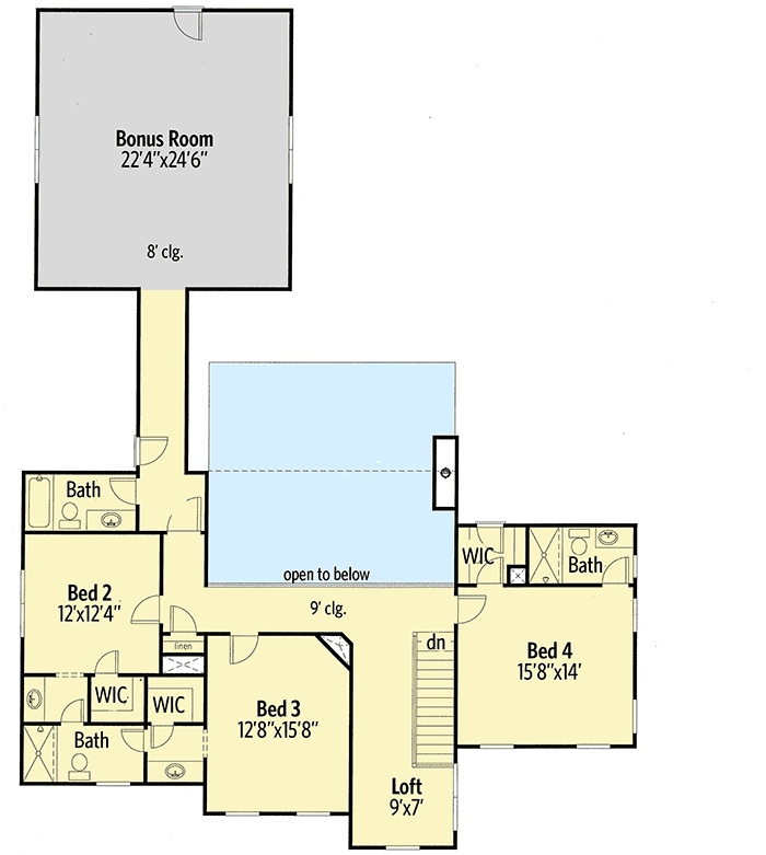 Plan 24384TW: 4-Bed Traditional House Plan with Wraparound Porch and Bonus Room - Floor Plan - Second Level - Country, Traditional