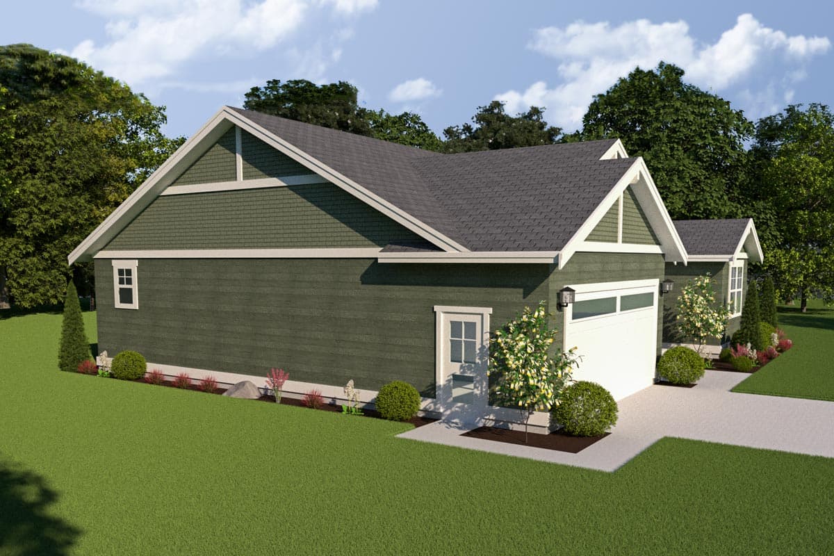House plan exterior: Craftsman style with deep green siding, a prominent gable, dormers, and a two-car garage.