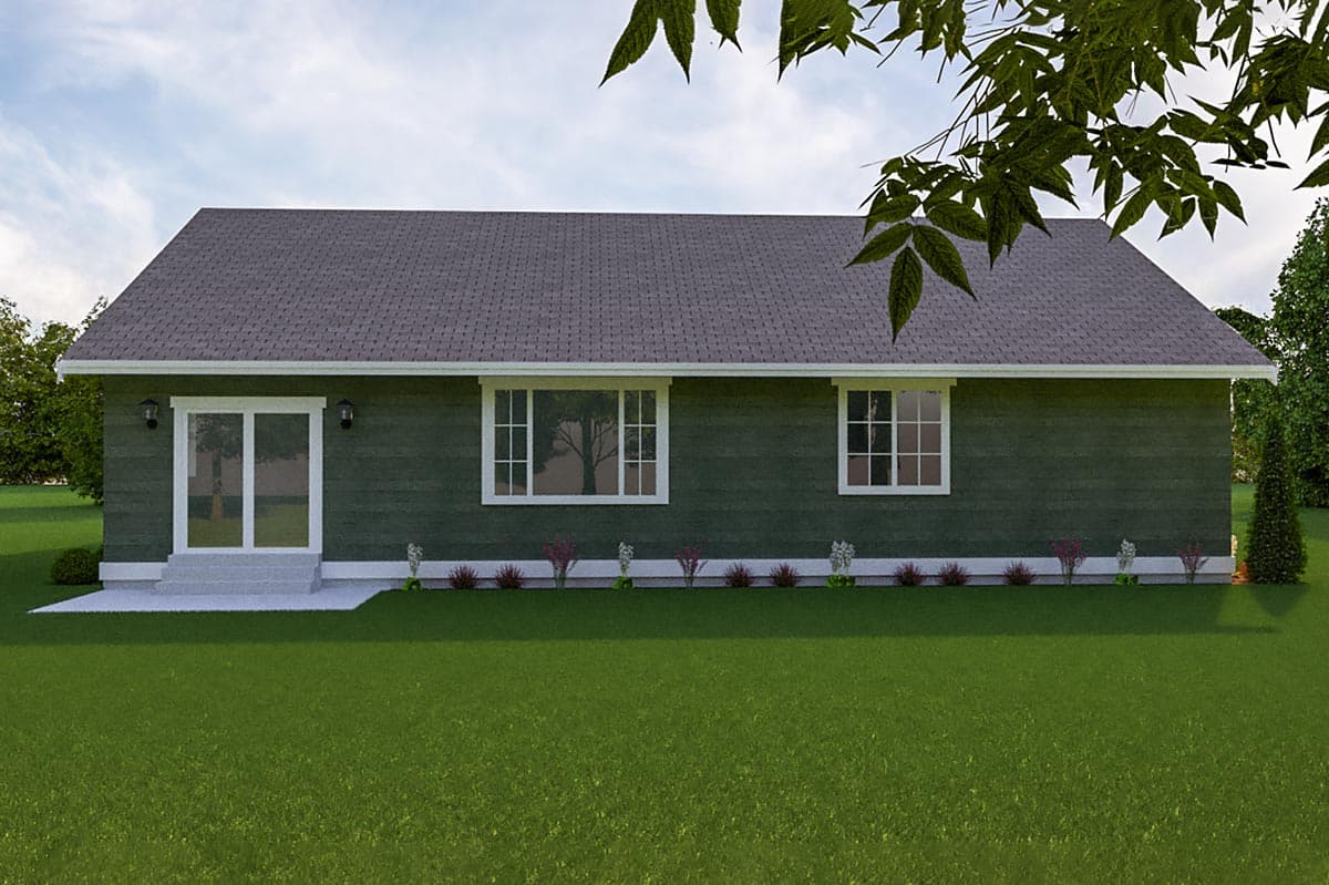 House plan exterior: one-story ranch with double door entry, two large windows, and gable roof.