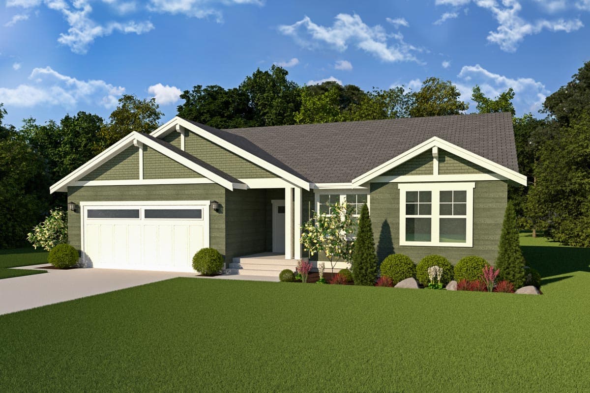 House plan exterior featuring a one-story, Craftsman-style home with gabled roof, garage, and front porch. Siding is green with white trim.