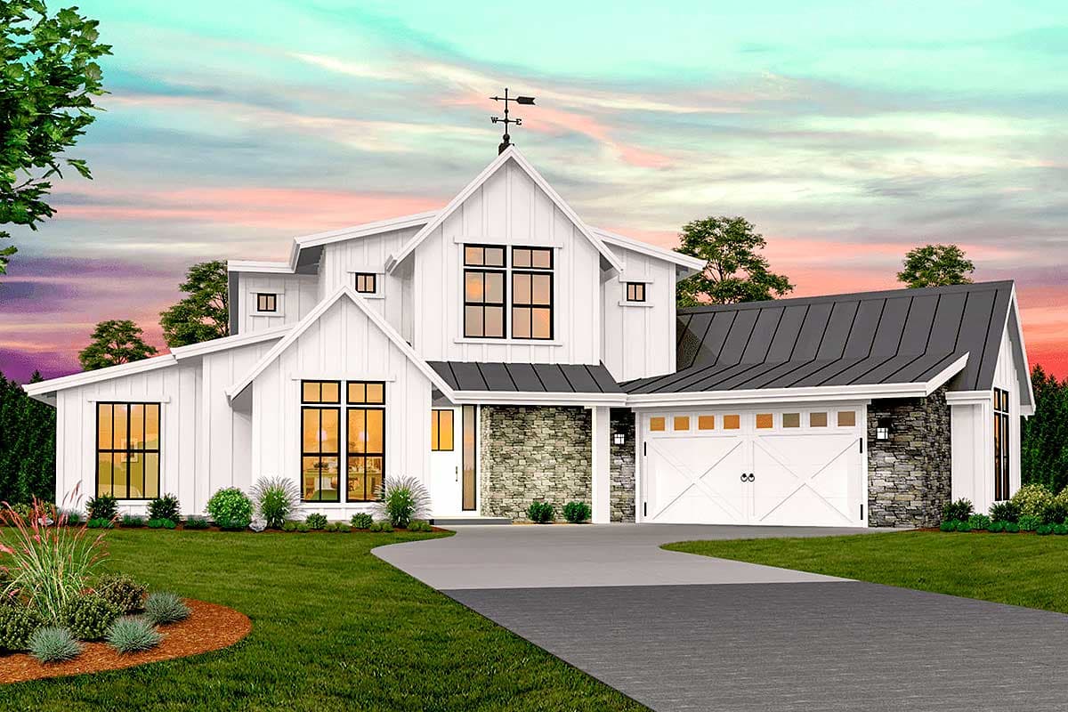 House plan exterior. Modern Farmhouse style with two stories, gabled rooflines, and a stone facade. Includes a two-car garage with cross-buck doors.