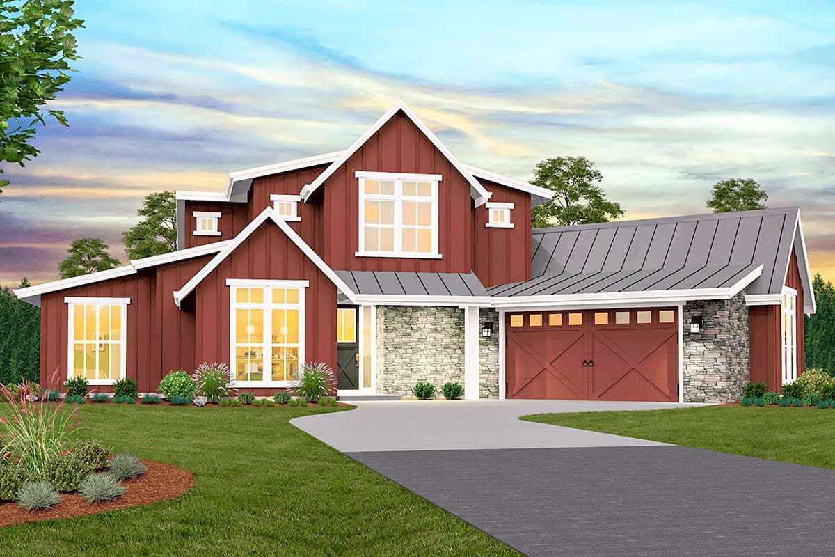Modern Farmhouse house plan exterior with gabled rooflines, stone accents, dormers, and a two-car garage.