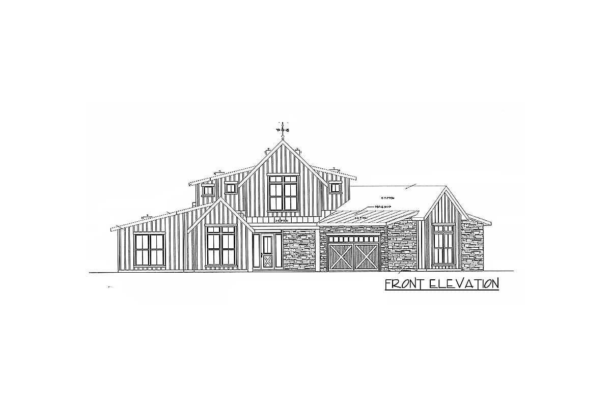 Front elevation drawing of a two-story house plan with gables, stone facade, and a cross-buck garage door.