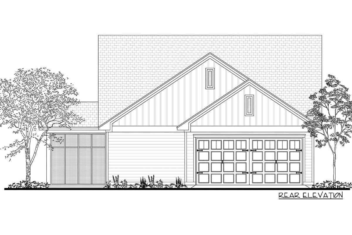 Rear elevation of a house plan showing a two-car garage, board and batten siding, and a large window.
