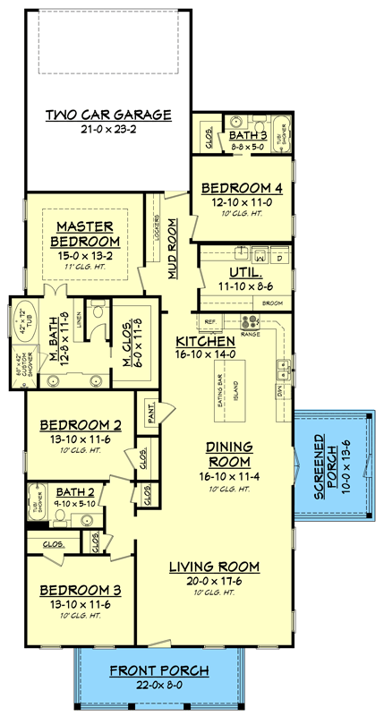 Plan 51783HZ: Compact Craftsman House Plan Ideal for a Narrow Lot - 2219 Sq Ft - Floor Plan - Main Level - Bungalow, Cottage, Country, Craftsman, New American, Vacation