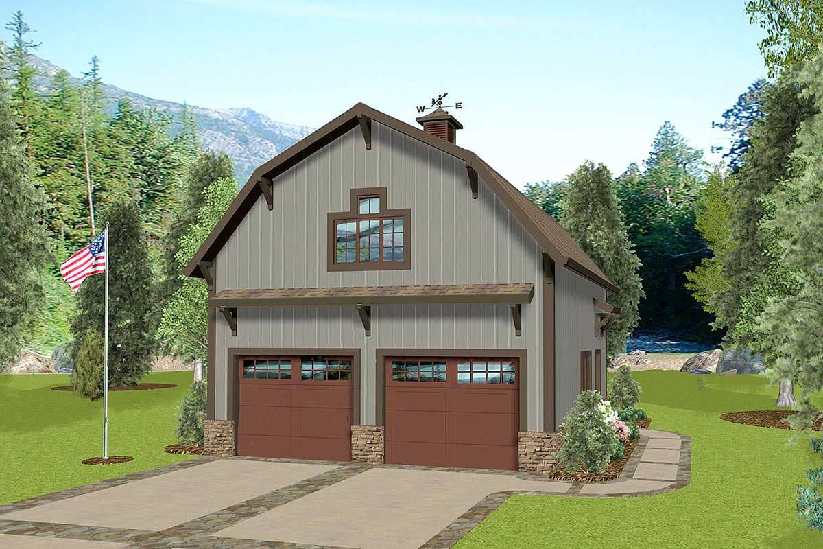 House plan exterior with two-car garage. Features include board and batten siding, gable roof, and a small dormer with a window.
