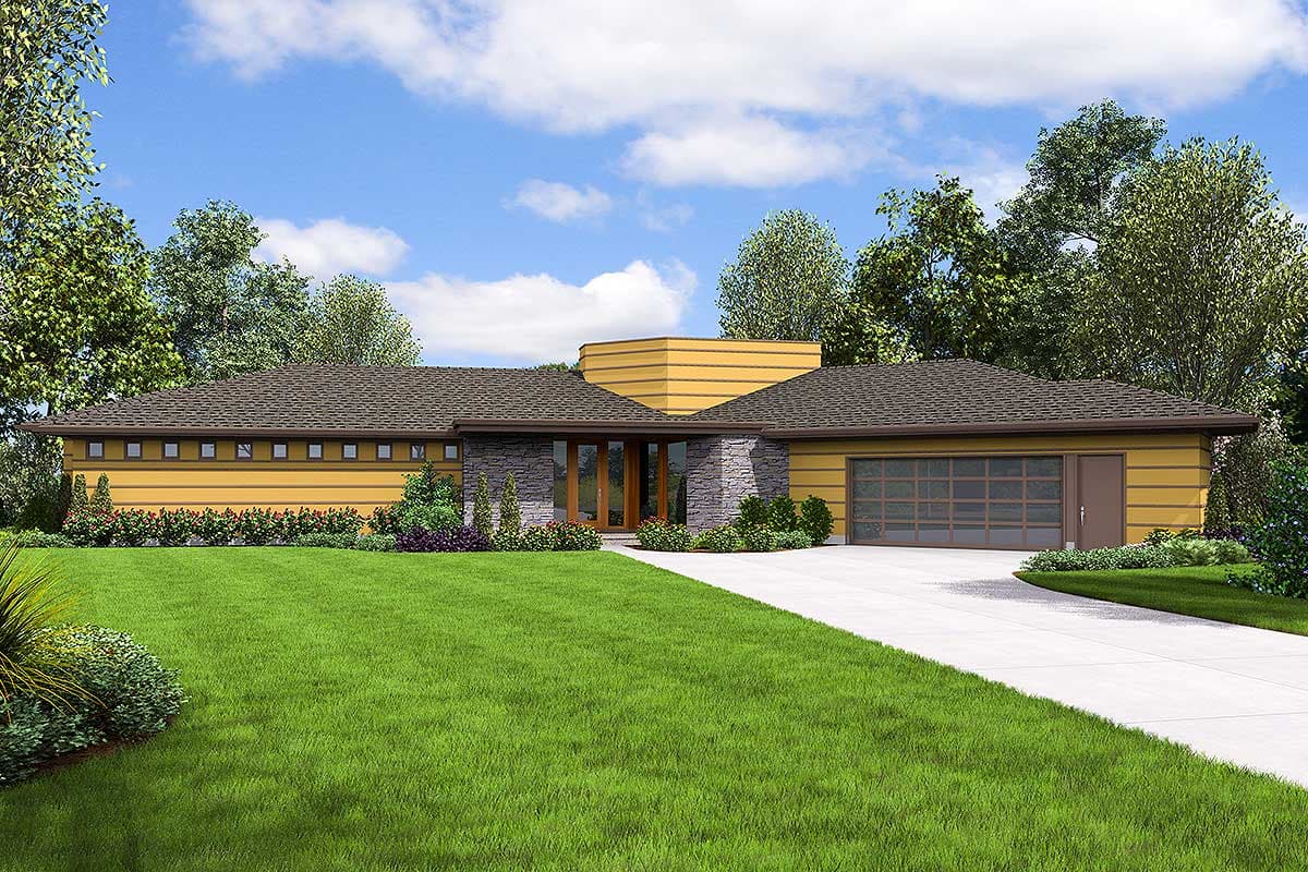 House plan exterior. Modern style, single story home with flat roof. Features include stone accents, glass garage door, and recessed entryway.