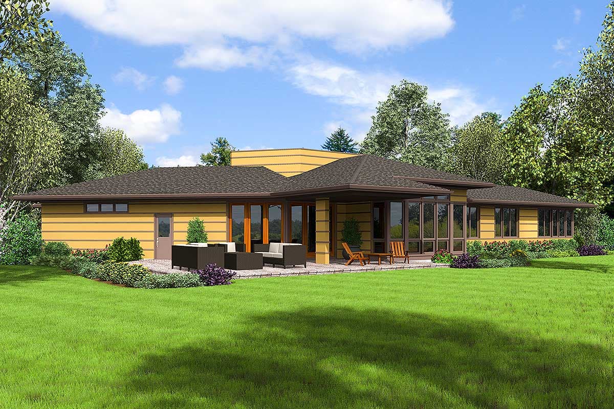 House plan exterior of a single-story home with a hip roof, expansive windows, and a covered patio.