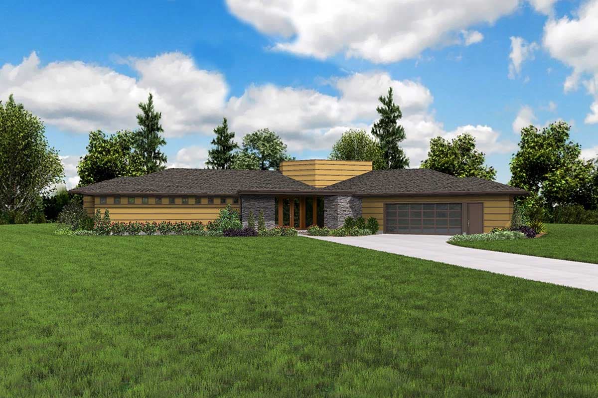 Modern ranch house plan exterior with stone accents, horizontal siding, wide eaves, and a two-car garage.