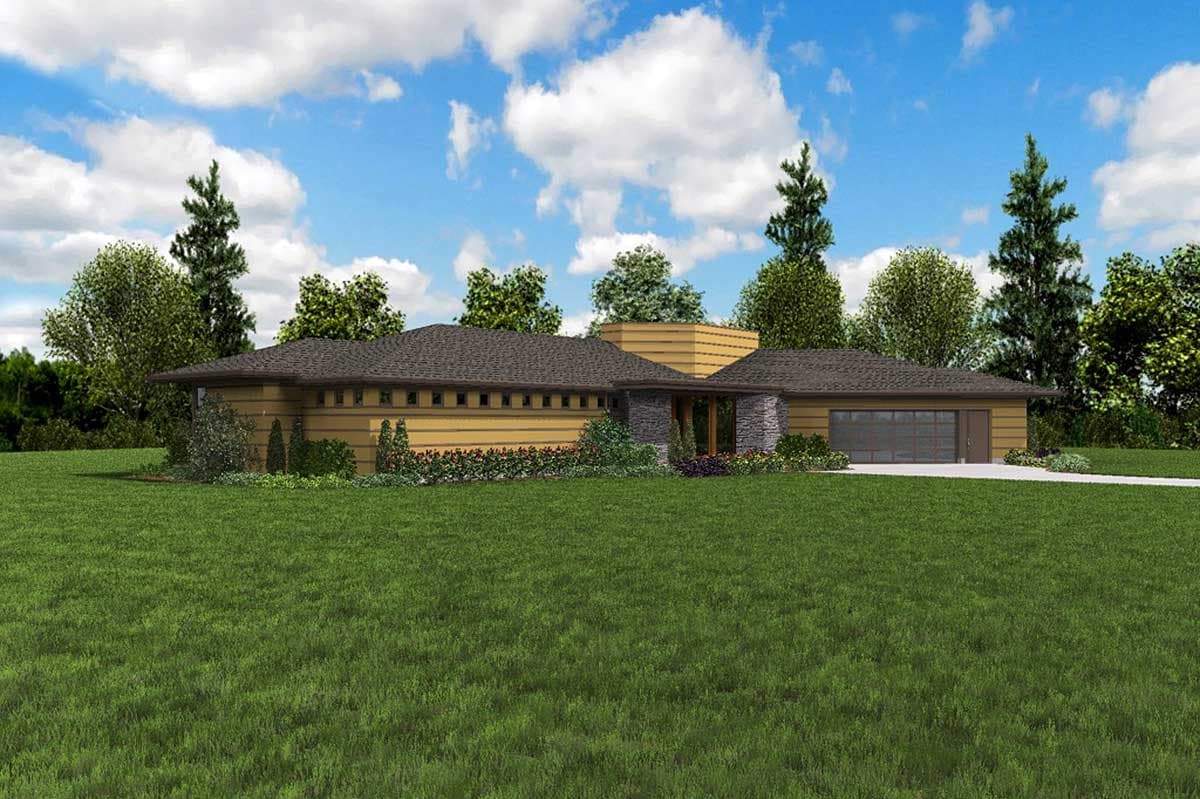 House plan exterior: Modern Ranch style, one story, with stone accents, wide eaves, and a side-entry two-car garage.