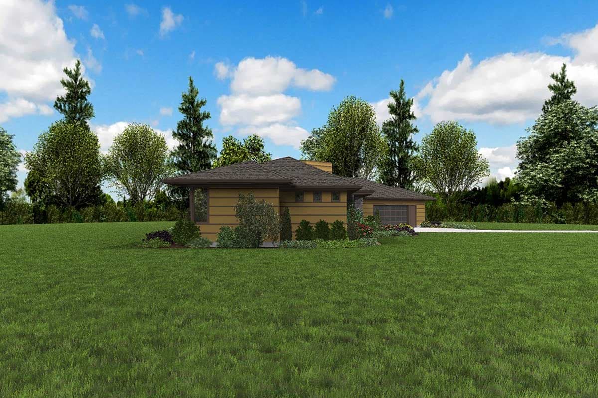 Prairie style house plan exterior with low-pitched roof, horizontal siding, wide eaves, and side-entry garage.