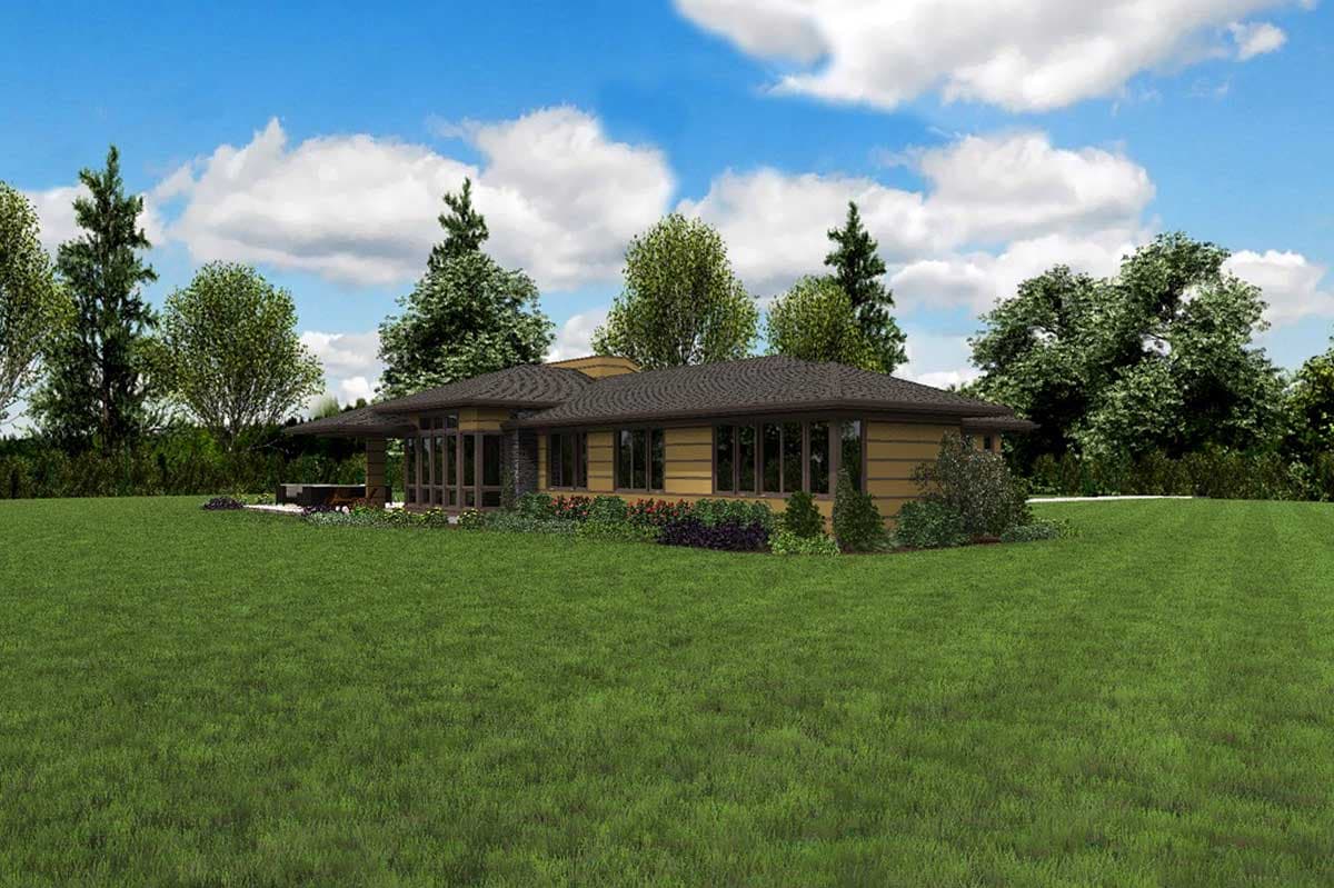 House plan exterior, single-story modern design with wide eaves, expansive windows, and covered patio area.