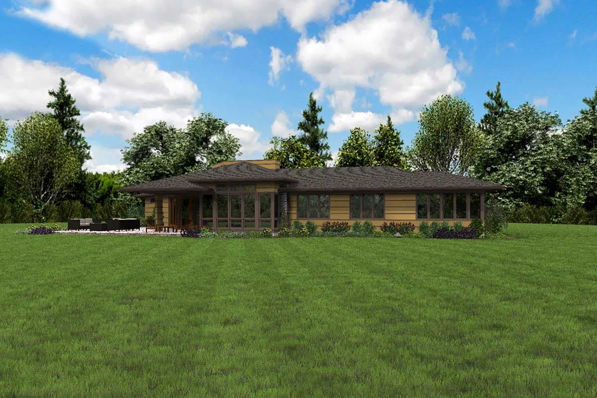 House plan exterior featuring a single-story Modern style with a low-pitched roof, wide overhangs, and extensive glass walls.