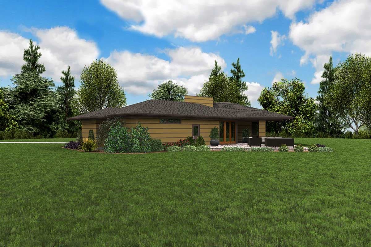 House plan exterior of a single-story home with horizontal siding, a low-pitched roof, and a patio with seating.