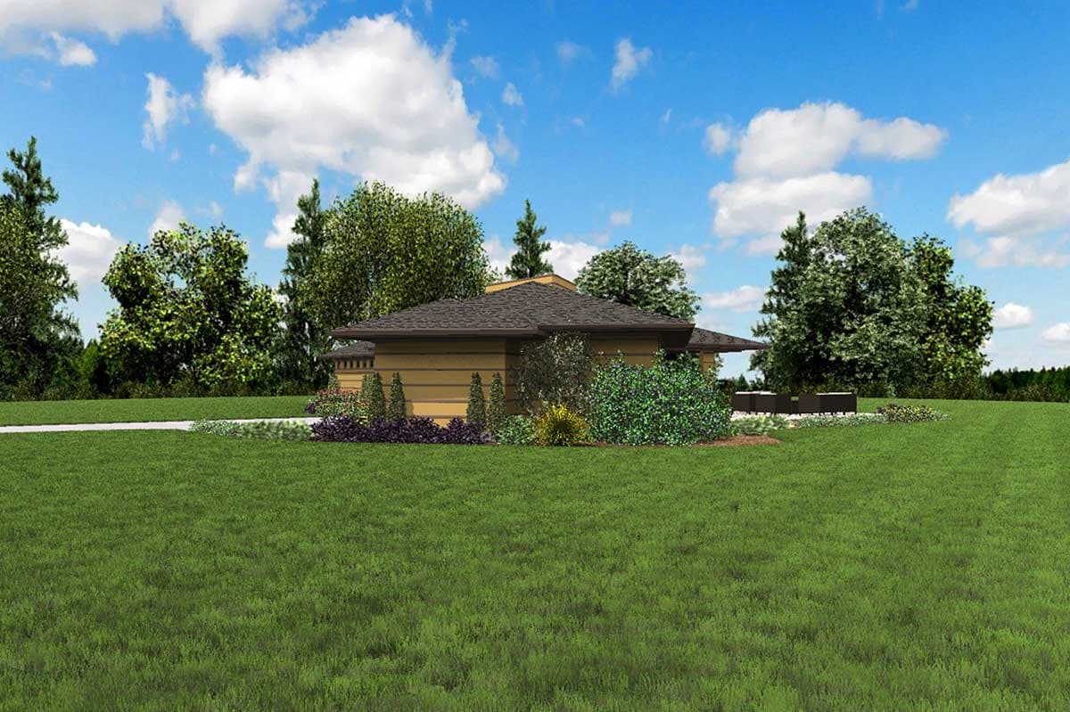 House plan exterior: Ranch style, one story with horizontal siding, broad eaves, and a multi-level roof.