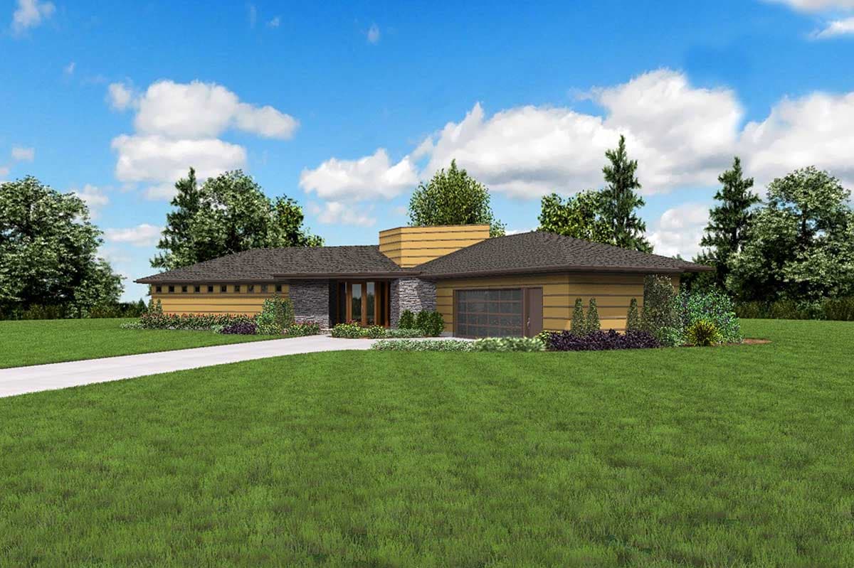 House plan exterior of a one-story Modern Prairie style home with a prominent stone facade, horizontal wood siding, and an attached two-car garage.