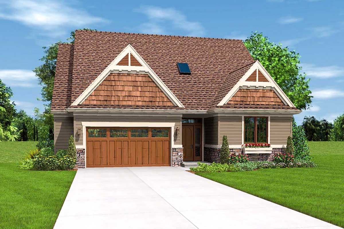 House plan exterior showing a two-story home with a gable roof, shake siding, a two-car garage, and stone accents.