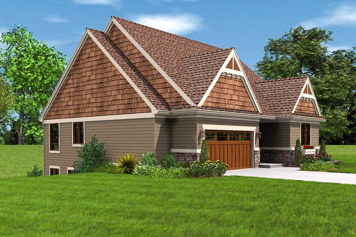 House plan exterior: Two-story home with shingle-clad gables, wide eaves, and attached garage with wood door.
